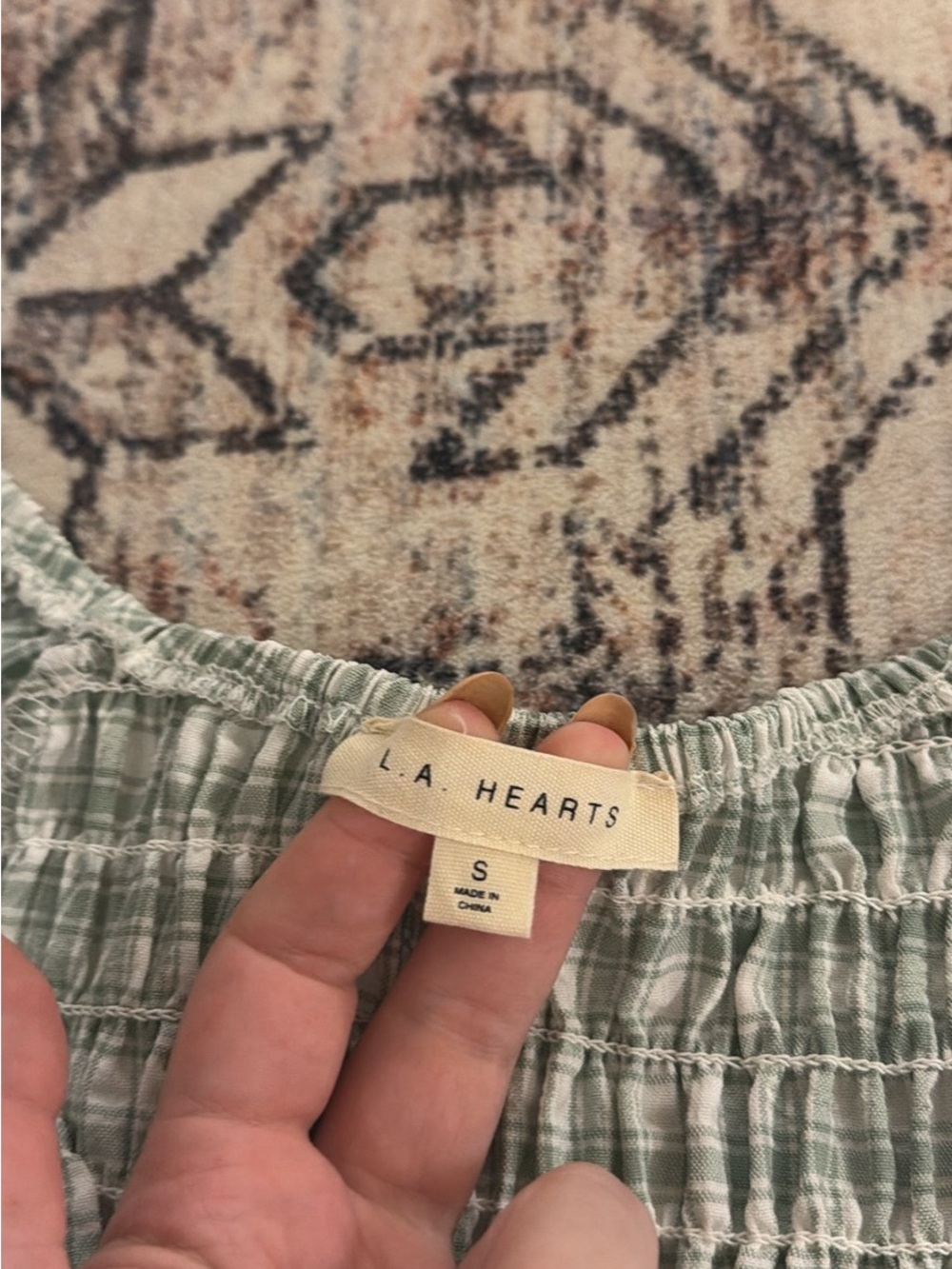 Sage Green Plaid Smocked Babydoll Blouse S - Picture 3 of 3